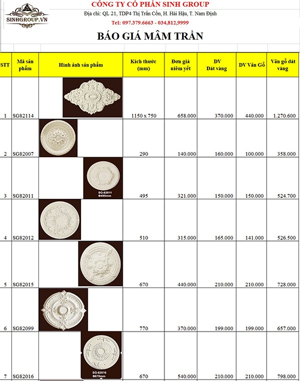 bảng giá mâm trần tại ninh bình