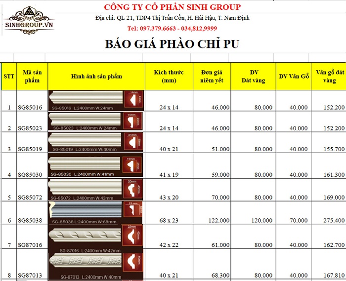 bảng giá phào chỉ pu ninh bình