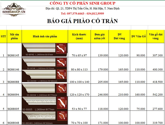 bảng giá phào cổ trần ninh bình