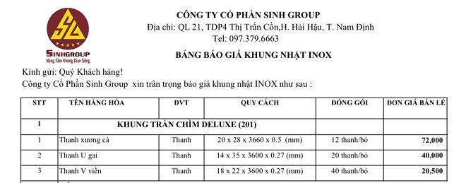 bảng giá khung trần inox mới nhất