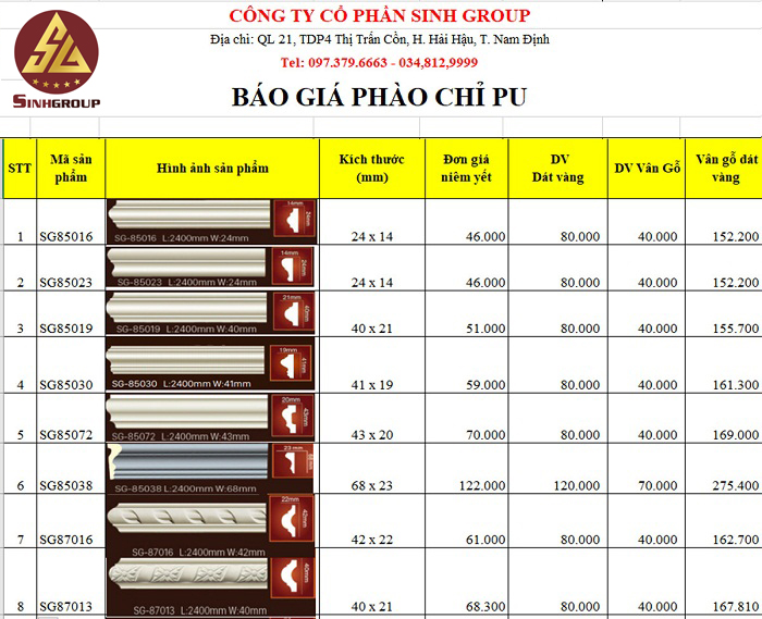 bảng giá phào chỉ trần nhà