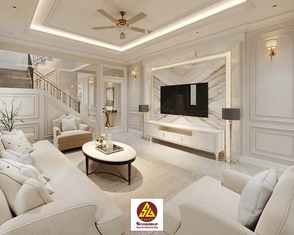 phào chỉ phòng khách nhà phố hiện đại