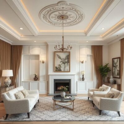 Phào Chỉ PU Với Mâm Trần PU Cho Phòng Khách Tân Cổ Điển
