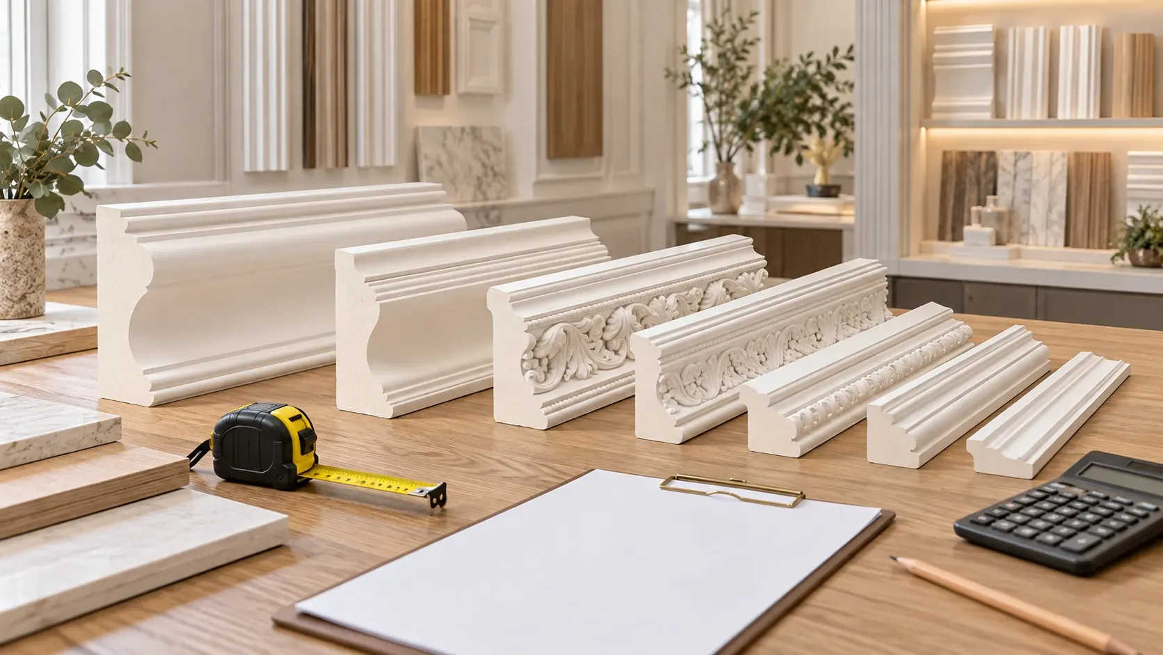 Các thanh phào chỉ bản rộng khác nhau cạnh thước cuộn, máy tính và bảng ghi chép