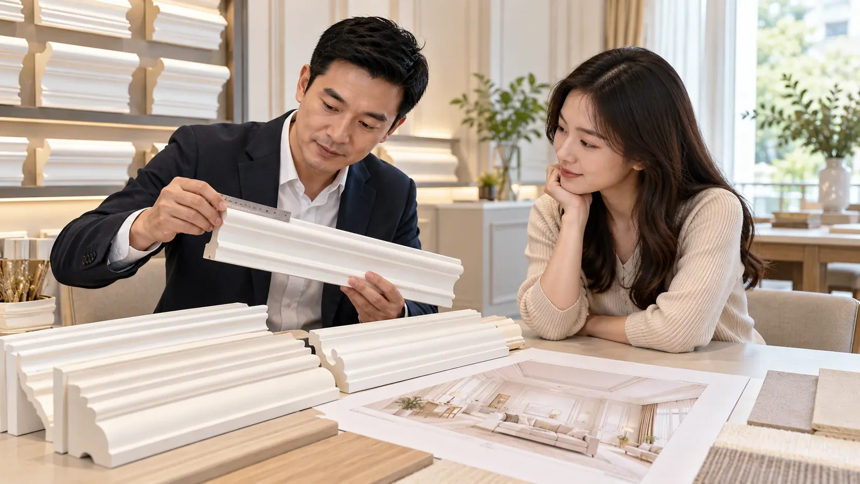 Tư vấn viên giới thiệu mẫu phào chỉ và đo bản rộng cho khách