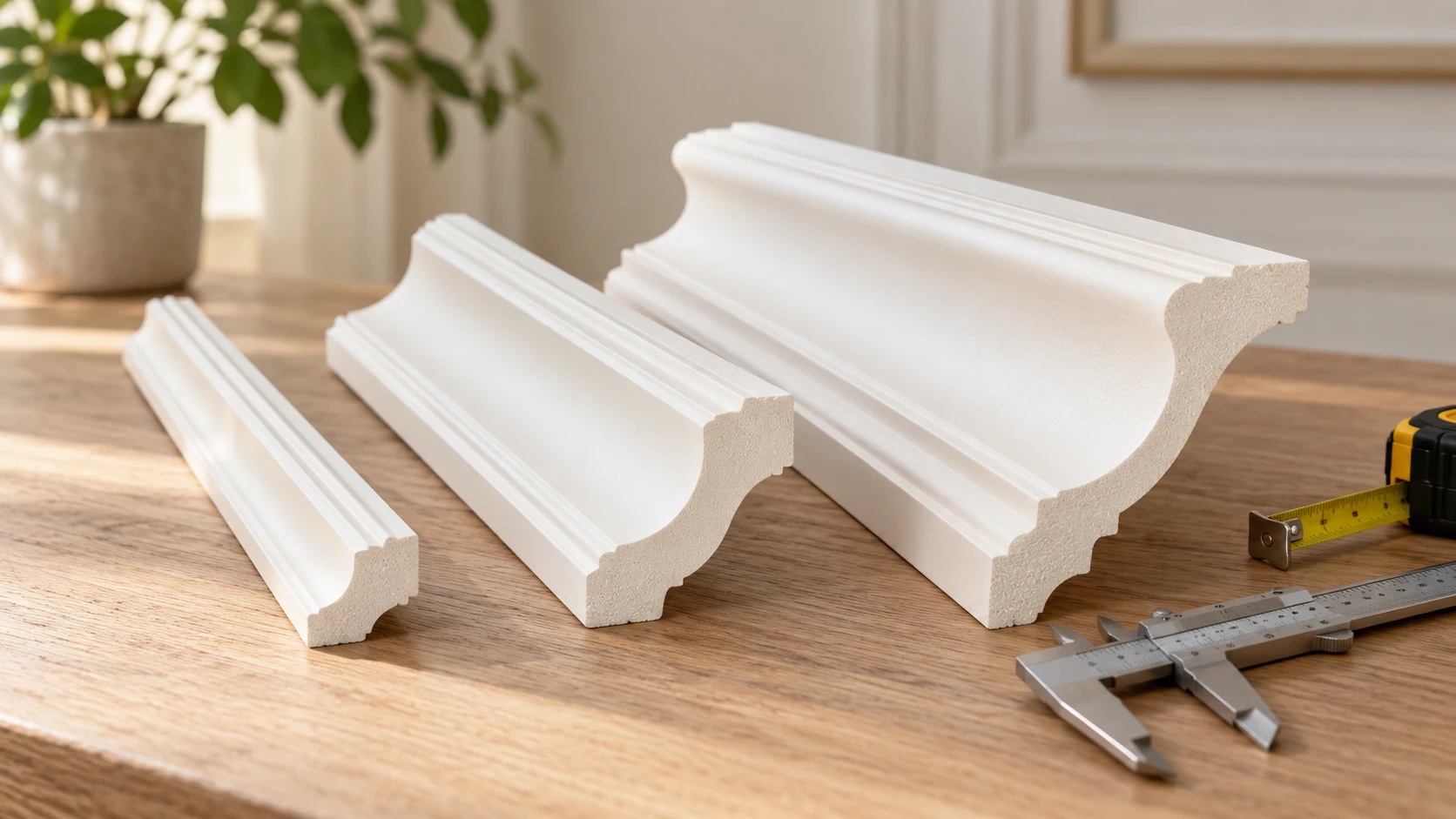 Ba thanh phào chỉ PU có bản rộng khác nhau đặt cạnh thước kẹp và thước cuộn