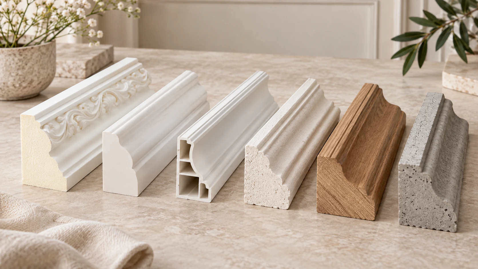 Sáu mẫu phào chỉ từ các chất liệu khác nhau đặt cạnh nhau để so sánh